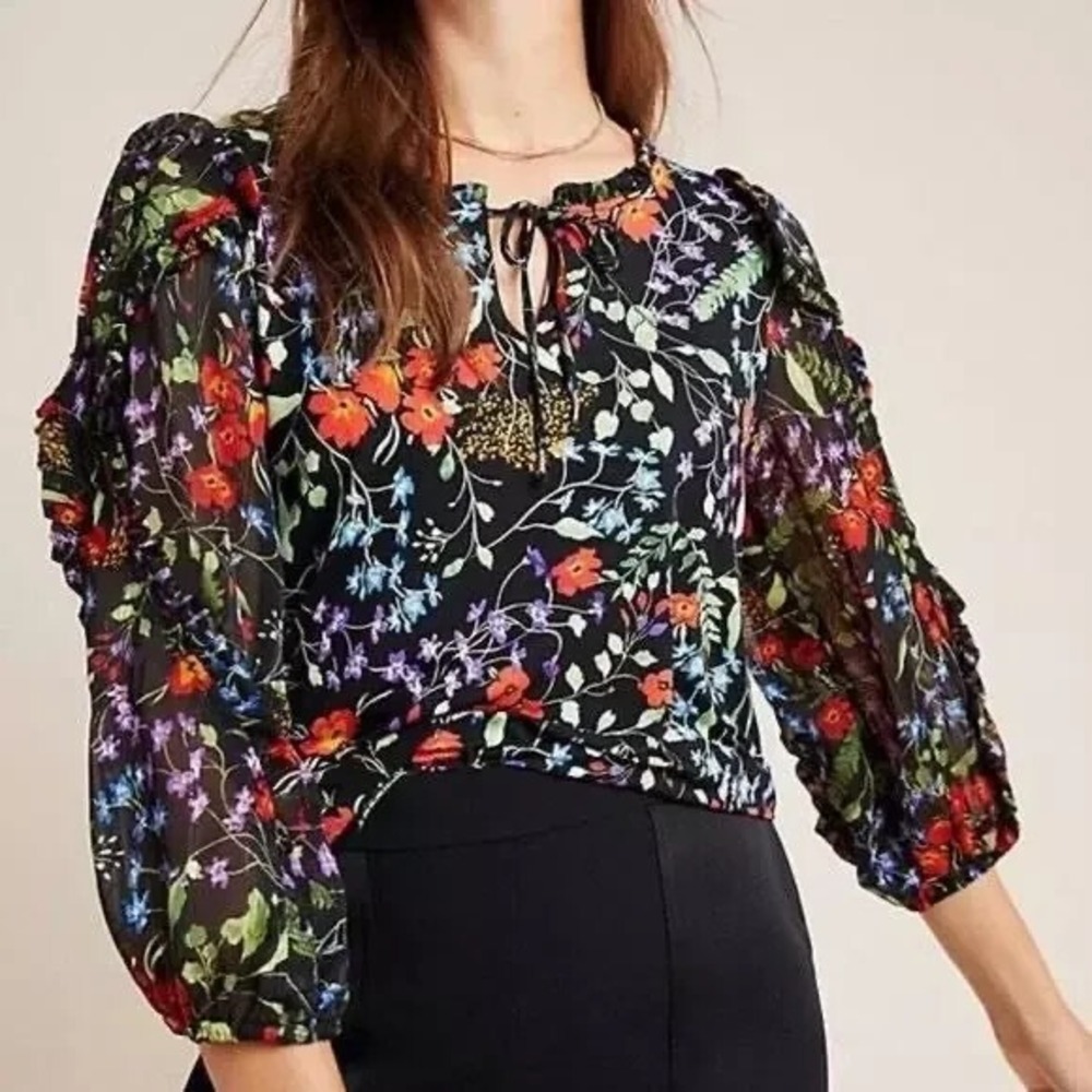 Anthropologie Maeve XS Floral Top Jacquin Peasant Blouse ruffle chiffon sleeve